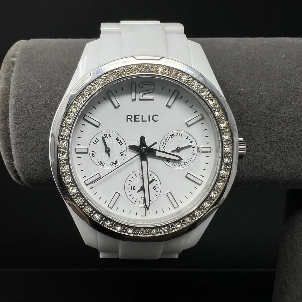 Relic Women's Watch White Band Analog Rhinestone Bezel 165FT Water Resistant